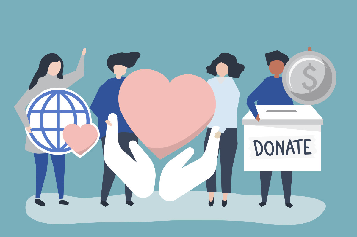 People carrying donation and charity related icons